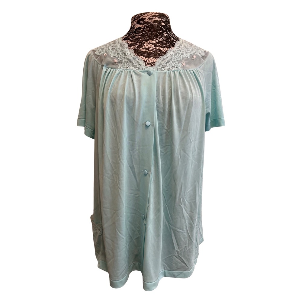 Vintage 60s Shadowline Pajama‎ Top Blue Embroidery Lace Sleepwear Button 40 L